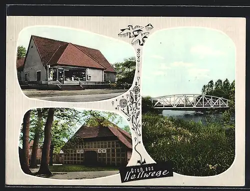 AK Hellwege, Lebensmittelladen, Scheune, Flussbrücke