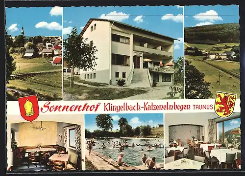AK Klingelbach-Katzenelnbogen, Gasthaus-Pension Sonnenhof, Innen- und Aussenansichten, Schwimmbad
