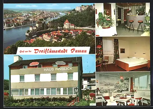 AK Passau, Pension-Garni Haus Innblick mit Gasträumen, Panoramablick