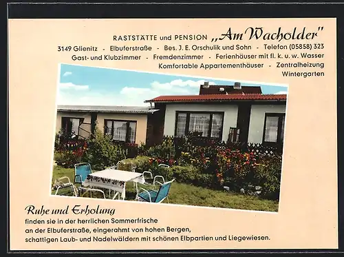 AK Glienitz, Raststätte und Pension Am Wacholder, Gartenansicht, Elbuferstrasse