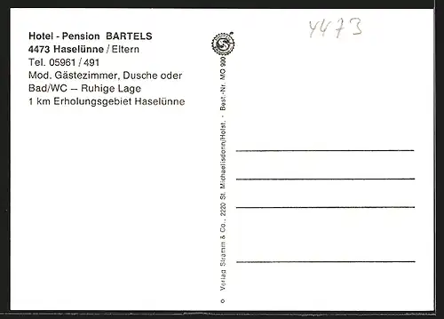 AK Haselünne /Eltern, Hotel-Pension Bartels, Innen- und Aussenansichten