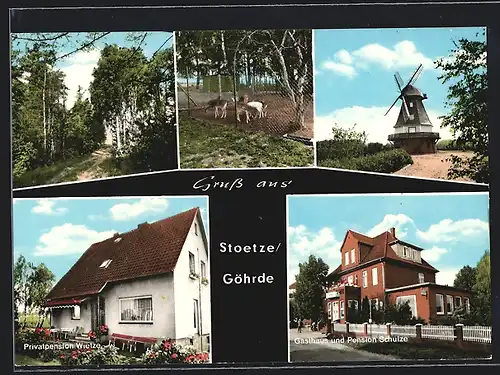AK Stoetze /Göhrde, Windmühle, Streichelzoo, Pension Wietze, Gasthaus und Pension Schulze