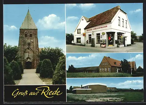 AK Riede / Verden, Bäckerei-Gemischtwarenladen, Kirche