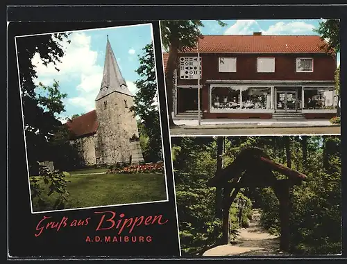 AK Bippen, Gemischtwarenladen, Kirche, Waldweg