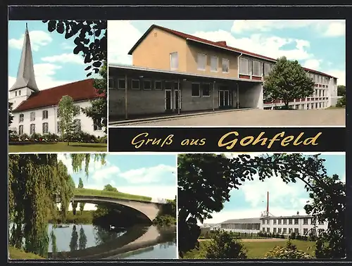 AK Gohfeld / Herford, Flussbrücke, Kirche, Industriegebäude
