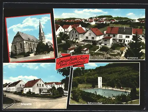 AK Gresaubach /Saar, Kirche, Panorama, Ortspartie, Schwimmbad