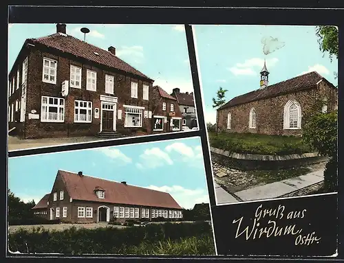 AK Wirdum /Ostfr., Gastwirtschaft und Gemischtwaren Remmer Garrels, Kirche
