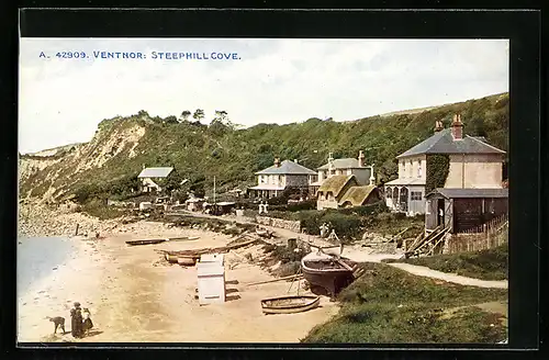 AK Ventnor, Steephill Cove, Strandpartie mit Booten und Häuser