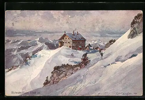 Künstler-AK Edward Theodore Compton: Rotwandhaus mit Skifahrer im Schnee