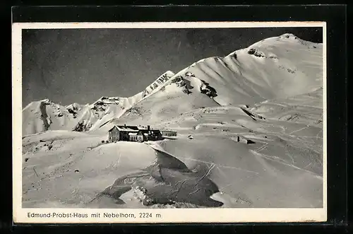 AK Edmund-Probst-Haus, Berghütte mit Nebelhorn im Schnee