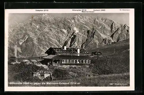 AK Berghütte auf der Götzenalm gegen die Watzmann-Ostwand mit Mittelspitze, Hocheck und Südspitze