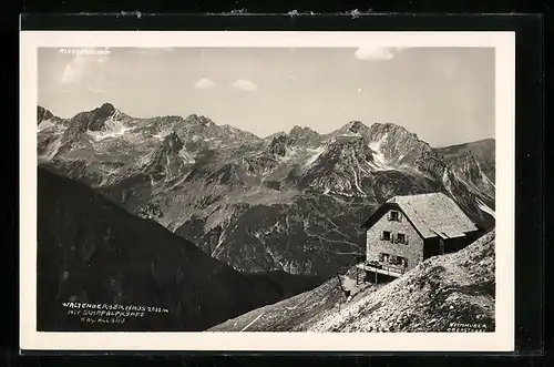 AK Waltenberger Haus, Aussicht von der Berghütte aus auf die Berge mit Schafalpköpfe