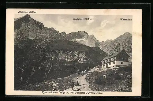 AK Kreuzeckhaus mit Zugspitze, Berghütte