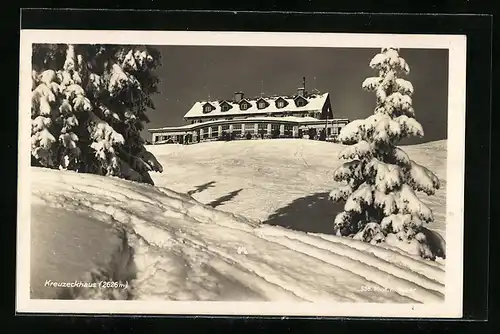 AK Kreuzeckhaus, Berghütte D. & Oe. A. V. Sect. Garmisch-Partenkirchen im Schnee