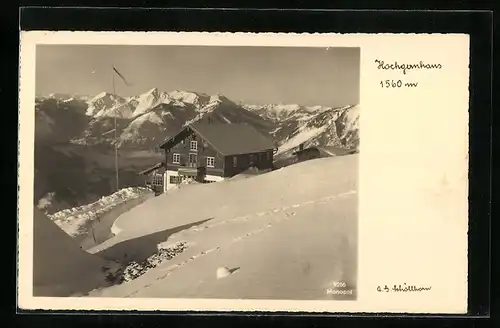 AK Hochgernhaus, Berghütte mit Panorama im Schnee