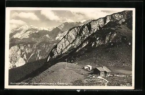 AK Berghütte auf der Hochalm mit Wettersteinwand und Dreitorspitze