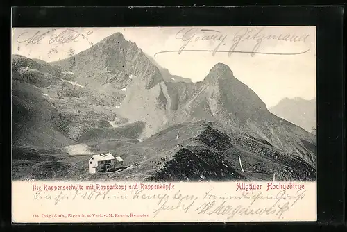 AK Rappenseehütte, Aussicht auf Rappenkopf und Rappenköpfle mit der Berghütte