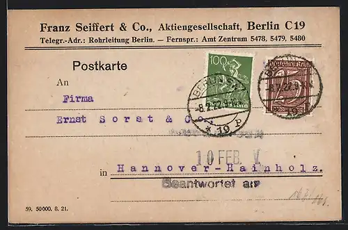 AK Berlin, Korrespondenz Firma Franz Seiffert & Co., Rohrleitungsbau, Königgrätzer Strasse