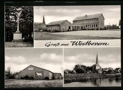 AK Westbevern, Schulhaus, Pferdehof, Kirche, Denkmal