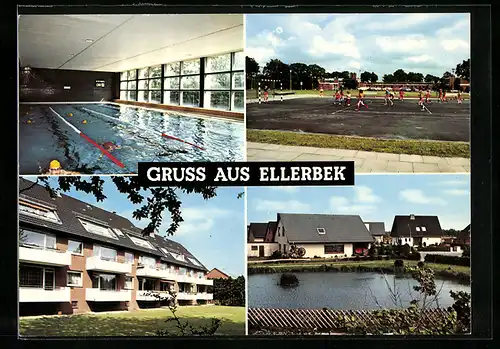 AK Ellerbek / Pinneberg, Hallenbad, Sportplatz, Ortspartie, Wohnhaus