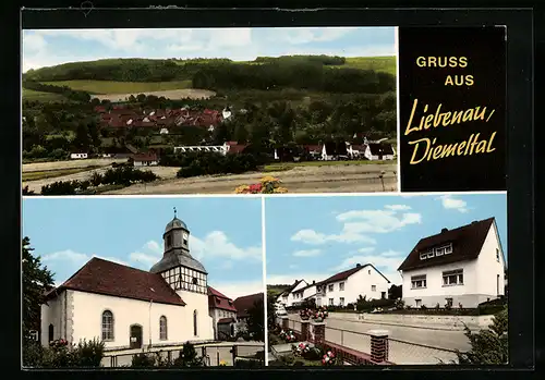 AK Liebenau / Diemel, Lebensmittelhandlung Heinrich Dönnges, Kirche, Strassenpartie