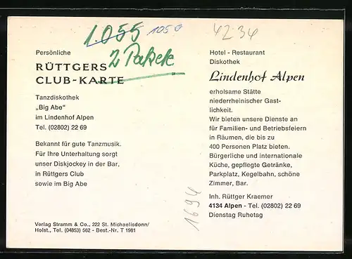 AK Alpen, Hotel-Restaurant Lindenhof, Rüttgers Club Tanzdiskothek