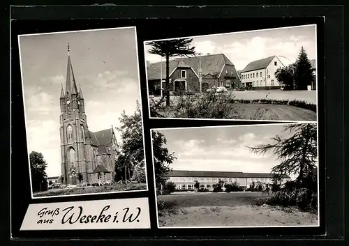 AK Weseke i. W., Strassenpartie mit Hotel, Kirche