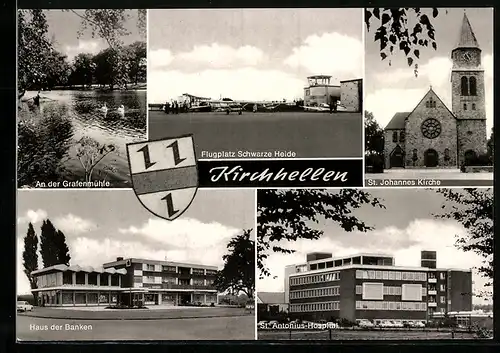 AK Kirchhellen /Kr. Recklinghausen, Flugplatz Schwarze Heide, St. Johannes Kirche, Haus der Banken
