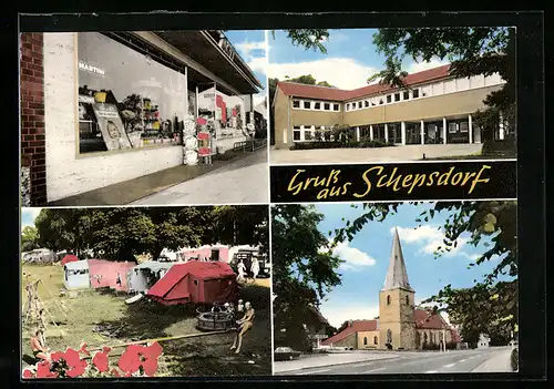 AK Schepsdorf üb. Lingen, Campingplatz, Strassenpartie mit Kirche, Warenhandlung
