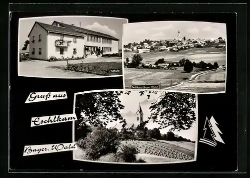 AK Eschlkam /Bayer. Wald, Kirche mit Friedhof, Schule, Ortsansicht