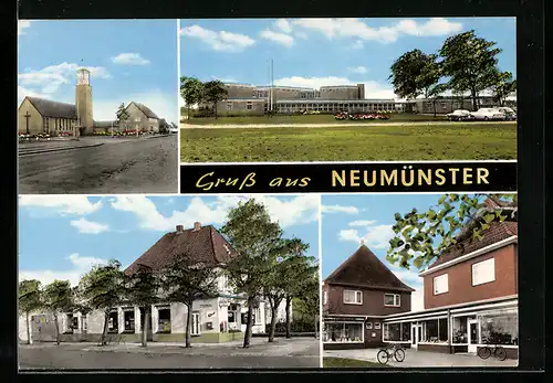 AK Neumünster, Kohlenhandlung-Gemischtware Friedrich Nöhring, Strassenpartie, Kirche