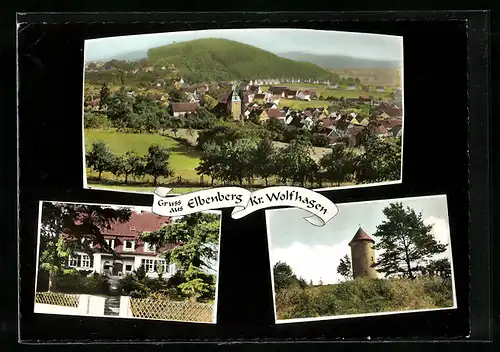 AK Elbenberg /Kr. Wolfhagen, Ortsansicht mit Kirche, Turm, Pension