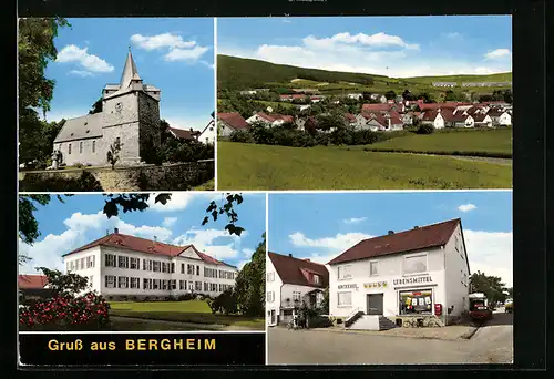 AK Bergheim / Edertal, Kirche, Bäckerei und Lebensmittelhandel, Ortsansicht