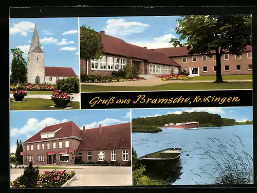 AK Bramsche /Kr. Lingen, Gasthof und Bäckerei B. Hesekamp, Kirche