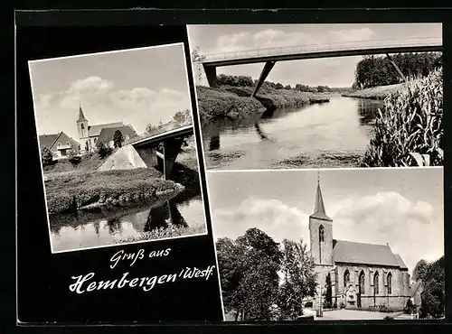 AK Hembergen / Emsdetten, Kirche, Brücke vor dem Ort