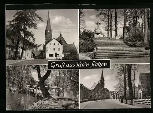 AK Klein-Reken /Kr. Borken, Strassenpartie mit Kirche, Denkmal, Brücke