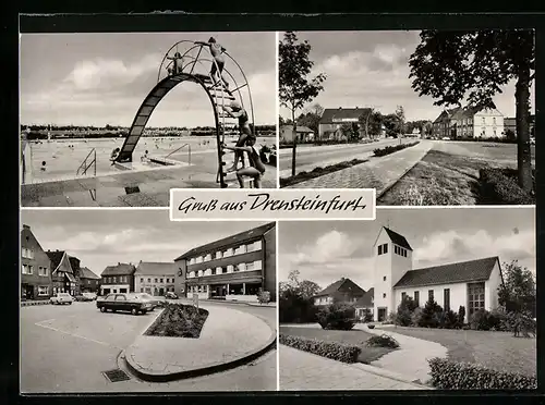 AK Drensteinfurt, Autos vor der Sparkasse, Schwimmbad, Strassenpartie mit Kirche