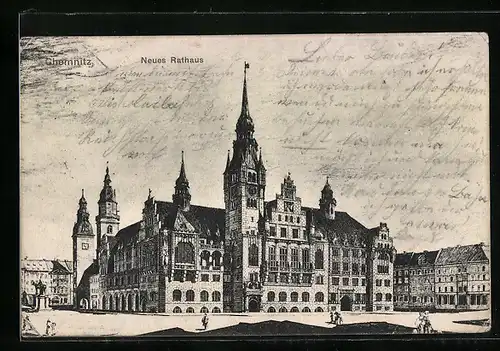 Künstler-AK Chemnitz, Neues Rathaus mit Denkmal