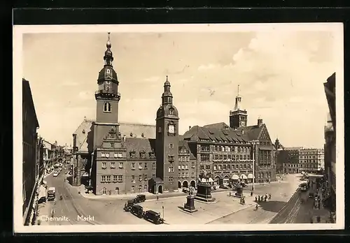 AK Chemnitz, Markt mit Strasse aus der Vogelschau