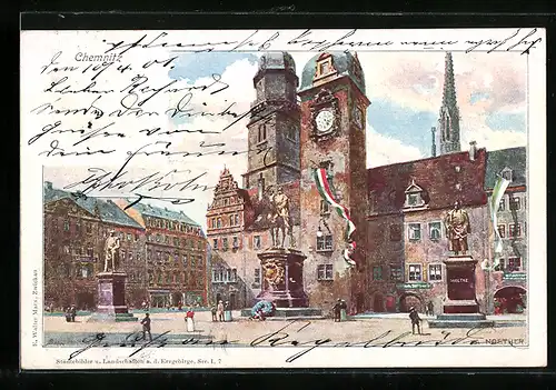 Künstler-AK Chemnitz, Markt mit Moltkedenkmal