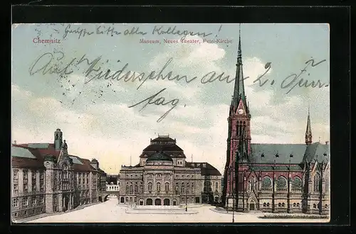 AK Chemnitz, Museum, Neues Theater und Petri-Kirche