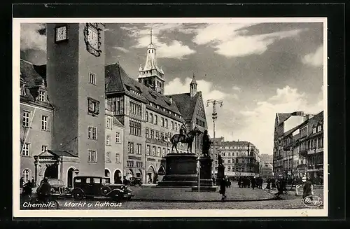AK Chemnitz, Marktplatz mit Rathaus und Denkmal