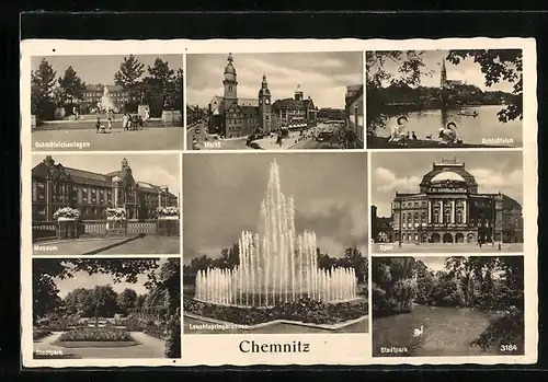 AK Chemnitz, Schlossteichanlagen, Oper, Leuchtspringbrunnen