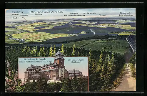 AK Fichtelberg /Erzgebirge, Neues Unterkunftshaus mit Panorama nach Nord-Ost