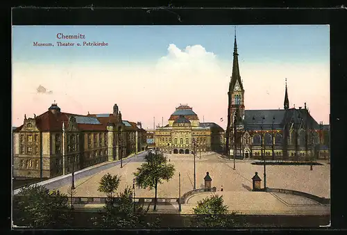 Künstler-AK Chemnitz, Museum, Theater und Petrikirche