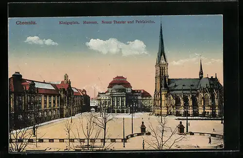 AK Chemnitz, Museum, Neues Theater und Petrikirche am Königsplatz
