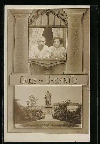 AK Chemnitz, Paar blickt über Denkmal aus dem Fenster