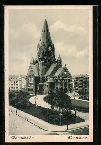 AK Chemnitz i. Sa., Lutherkirche mit Strassenpartie