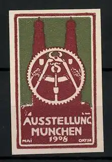 Reklamemarke München, Ausstellung 1908, Frauenkirche, Zahnrad mit Zange