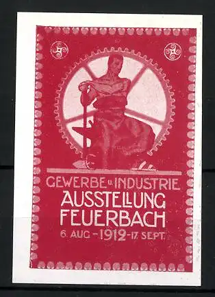 Reklamemarke Feuerbach, Gewerbe- und Industrie-Ausstellung 1912, Schmied am Ambos im Zahnrad